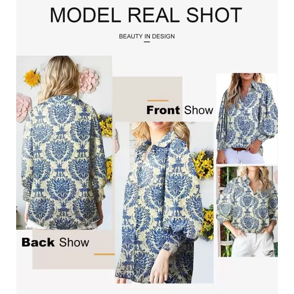 imageAstylish Women 2024 Loose VNeck Shirts Paisley Print Lantern Sleeve Blouse TopsZb Dark Blue