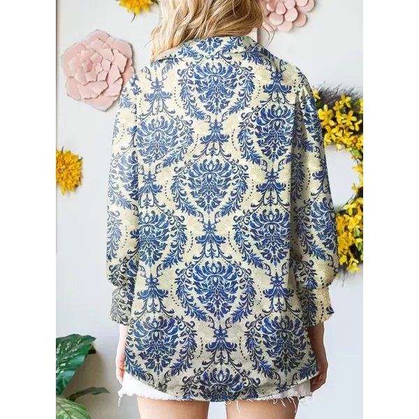 imageAstylish Women 2024 Loose VNeck Shirts Paisley Print Lantern Sleeve Blouse TopsZb Dark Blue
