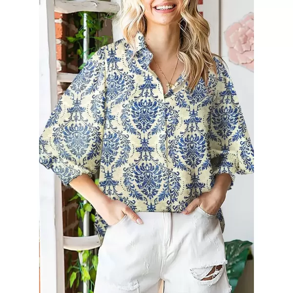 imageAstylish Women 2024 Loose VNeck Shirts Paisley Print Lantern Sleeve Blouse TopsZb Dark Blue