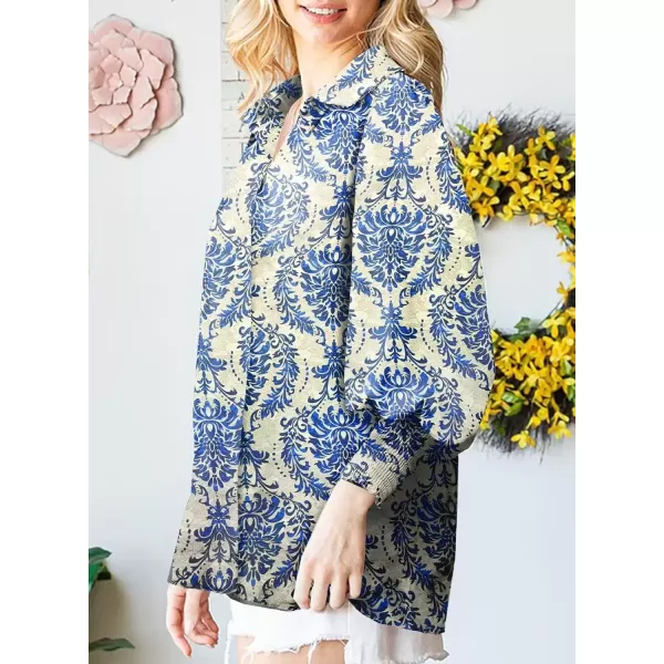 imageAstylish Women 2024 Loose VNeck Shirts Paisley Print Lantern Sleeve Blouse TopsZb Dark Blue