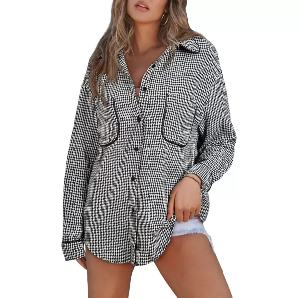 imageAstylish Women Casual Shacket 2024 Houndstooth Jacket Long Sleeve Button Down Shirts Dressy Blouse Tops with PocketBlack