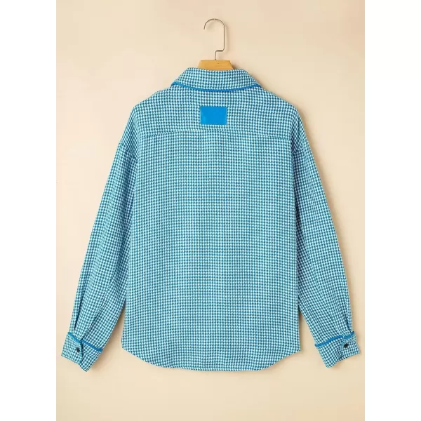 imageAstylish Women Casual Shacket 2024 Houndstooth Jacket Long Sleeve Button Down Shirts Dressy Blouse Tops with PocketBlue