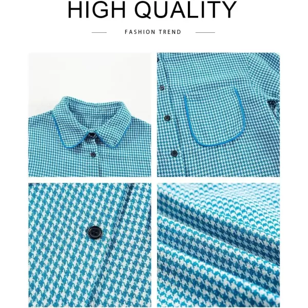 imageAstylish Women Casual Shacket 2024 Houndstooth Jacket Long Sleeve Button Down Shirts Dressy Blouse Tops with PocketBlue