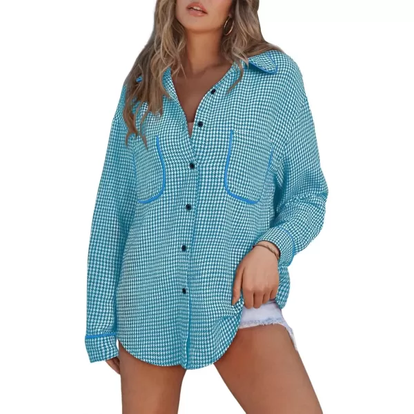 imageAstylish Women Casual Shacket 2024 Houndstooth Jacket Long Sleeve Button Down Shirts Dressy Blouse Tops with PocketBlue