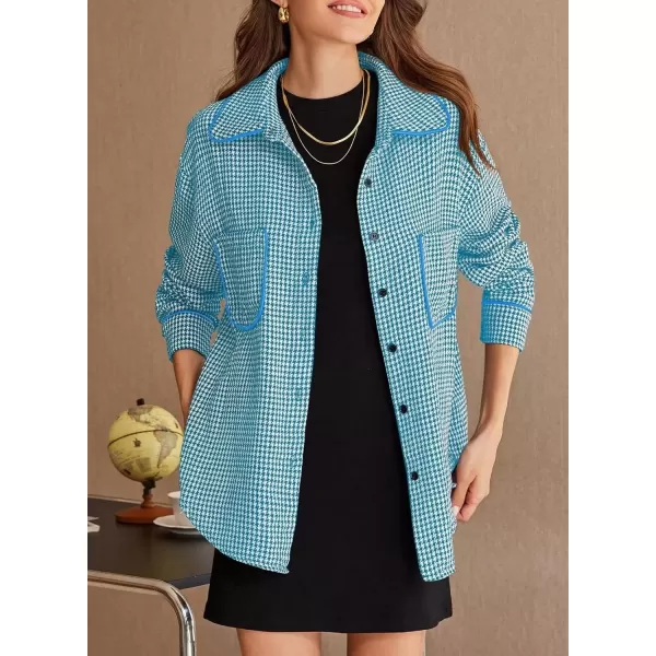 imageAstylish Women Casual Shacket 2024 Houndstooth Jacket Long Sleeve Button Down Shirts Dressy Blouse Tops with PocketBlue