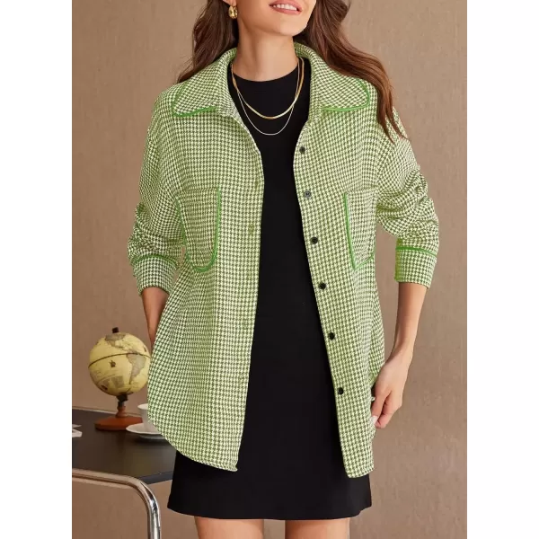 imageAstylish Women Casual Shacket 2024 Houndstooth Jacket Long Sleeve Button Down Shirts Dressy Blouse Tops with PocketGrass Green