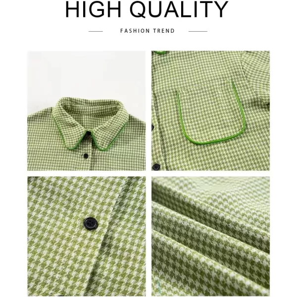 imageAstylish Women Casual Shacket 2024 Houndstooth Jacket Long Sleeve Button Down Shirts Dressy Blouse Tops with PocketGrass Green