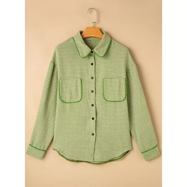 imageAstylish Women Casual Shacket 2024 Houndstooth Jacket Long Sleeve Button Down Shirts Dressy Blouse Tops with PocketGrass Green