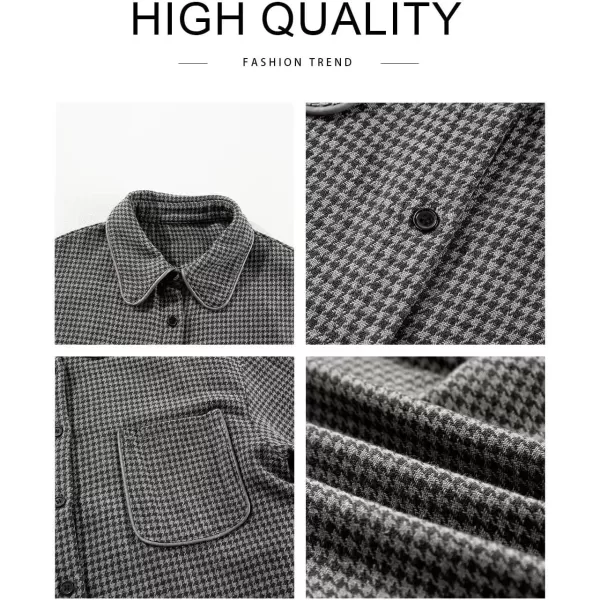 imageAstylish Women Casual Shacket 2024 Houndstooth Jacket Long Sleeve Button Down Shirts Dressy Blouse Tops with PocketGray