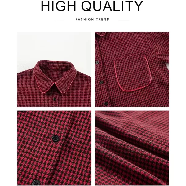 imageAstylish Women Casual Shacket 2024 Houndstooth Jacket Long Sleeve Button Down Shirts Dressy Blouse Tops with PocketRed Dahlia