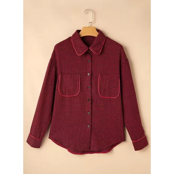 imageAstylish Women Casual Shacket 2024 Houndstooth Jacket Long Sleeve Button Down Shirts Dressy Blouse Tops with PocketRed Dahlia