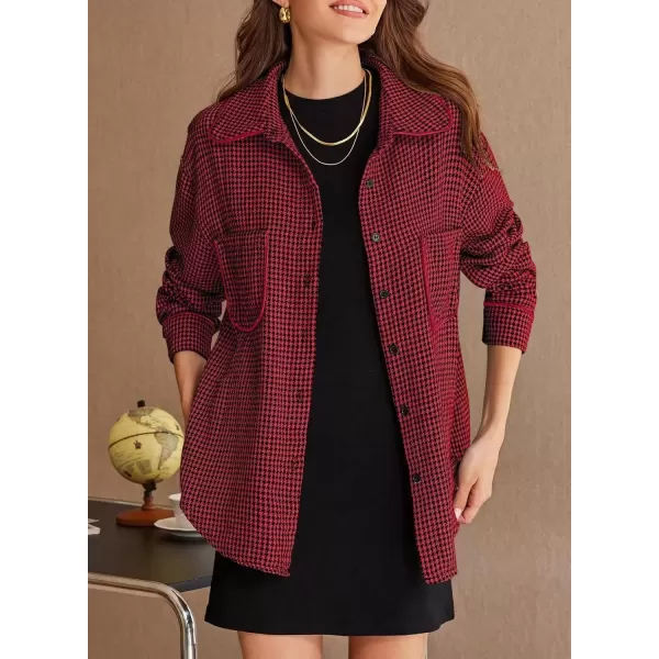 imageAstylish Women Casual Shacket 2024 Houndstooth Jacket Long Sleeve Button Down Shirts Dressy Blouse Tops with PocketRed Dahlia