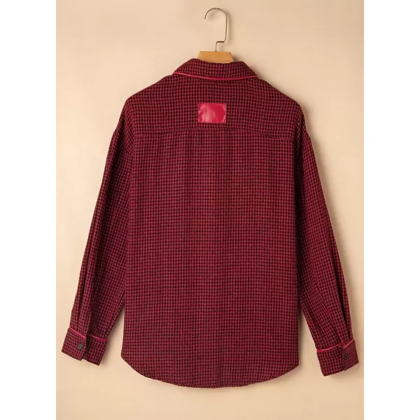 imageAstylish Women Casual Shacket 2024 Houndstooth Jacket Long Sleeve Button Down Shirts Dressy Blouse Tops with PocketRed Dahlia