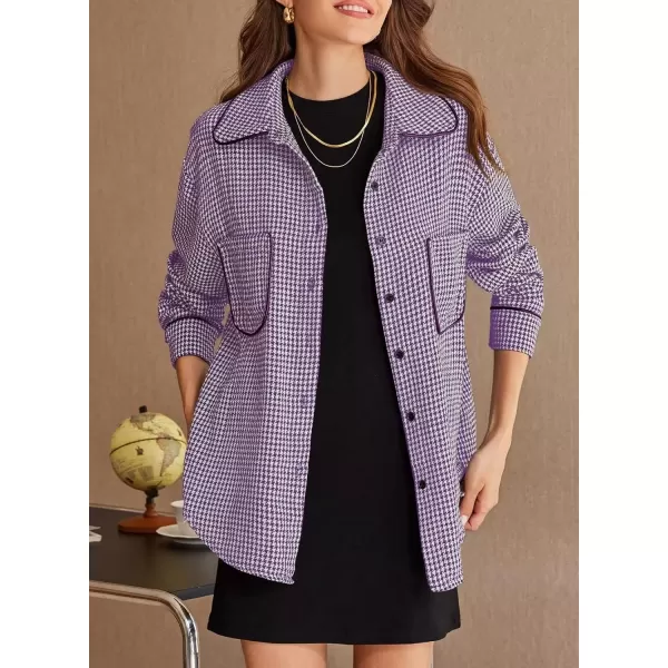 imageAstylish Women Casual Shacket 2024 Houndstooth Jacket Long Sleeve Button Down Shirts Dressy Blouse Tops with PocketTillandsia Purple