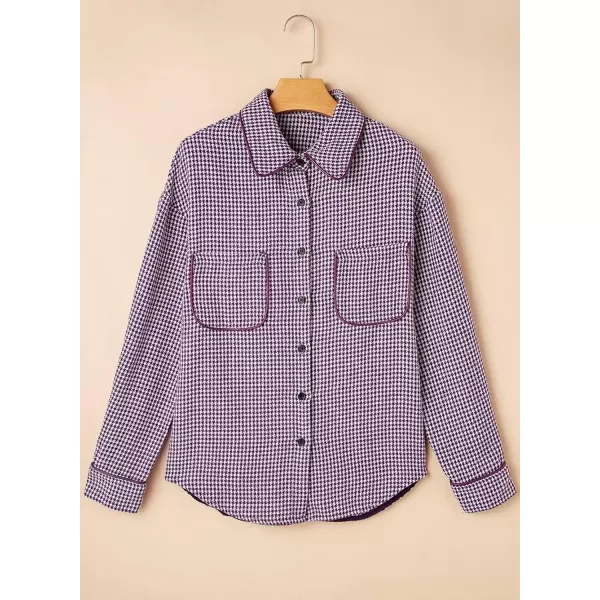 imageAstylish Women Casual Shacket 2024 Houndstooth Jacket Long Sleeve Button Down Shirts Dressy Blouse Tops with PocketTillandsia Purple