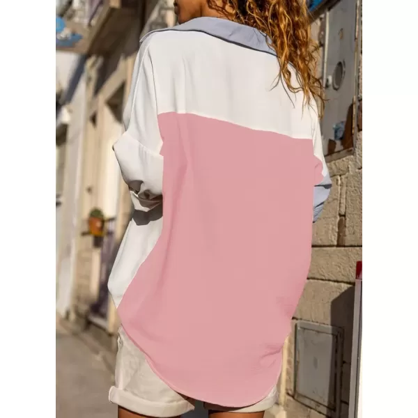 imageAstylish Women Casual V Neck Button Down Silk Shirt Long Sleeve Color Block Blouse Tunic TopsA Gray