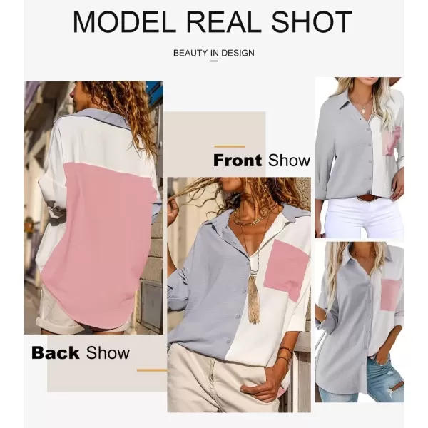 imageAstylish Women Casual V Neck Button Down Silk Shirt Long Sleeve Color Block Blouse Tunic TopsA Gray