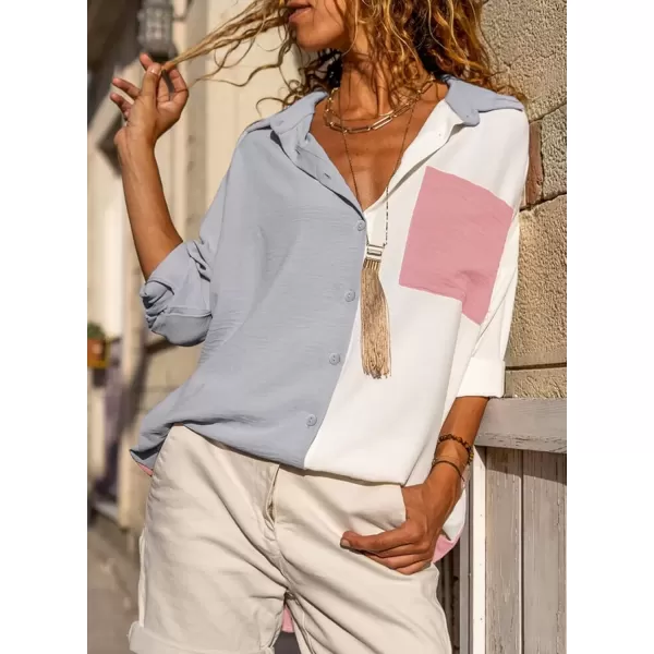 imageAstylish Women Casual V Neck Button Down Silk Shirt Long Sleeve Color Block Blouse Tunic TopsA Gray