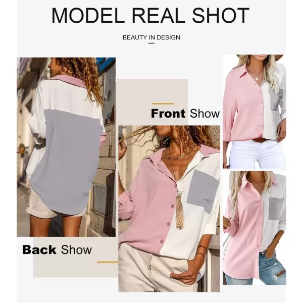 imageAstylish Women Casual V Neck Button Down Silk Shirt Long Sleeve Color Block Blouse Tunic TopsB Dusty Pink