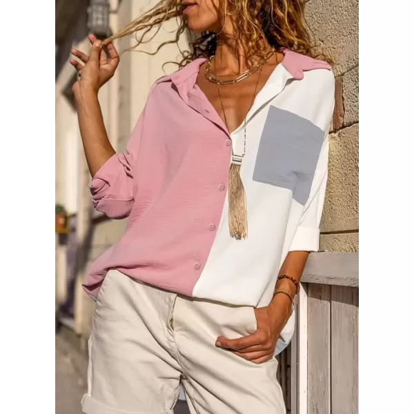 imageAstylish Women Casual V Neck Button Down Silk Shirt Long Sleeve Color Block Blouse Tunic TopsB Dusty Pink