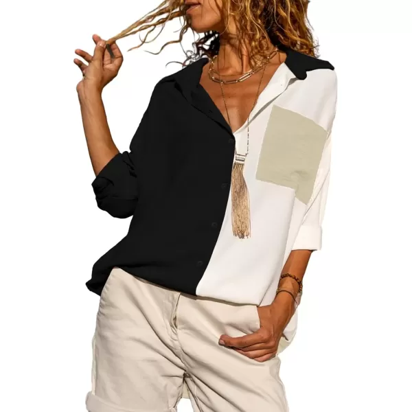 imageAstylish Women Casual V Neck Button Down Silk Shirt Long Sleeve Color Block Blouse Tunic TopsC Black