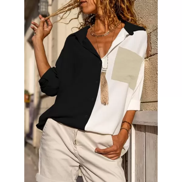 imageAstylish Women Casual V Neck Button Down Silk Shirt Long Sleeve Color Block Blouse Tunic TopsC Black