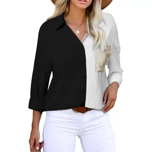 imageAstylish Women Casual V Neck Button Down Silk Shirt Long Sleeve Color Block Blouse Tunic TopsC Black