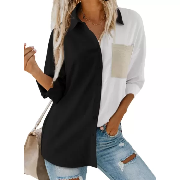 imageAstylish Women Casual V Neck Button Down Silk Shirt Long Sleeve Color Block Blouse Tunic TopsC Black