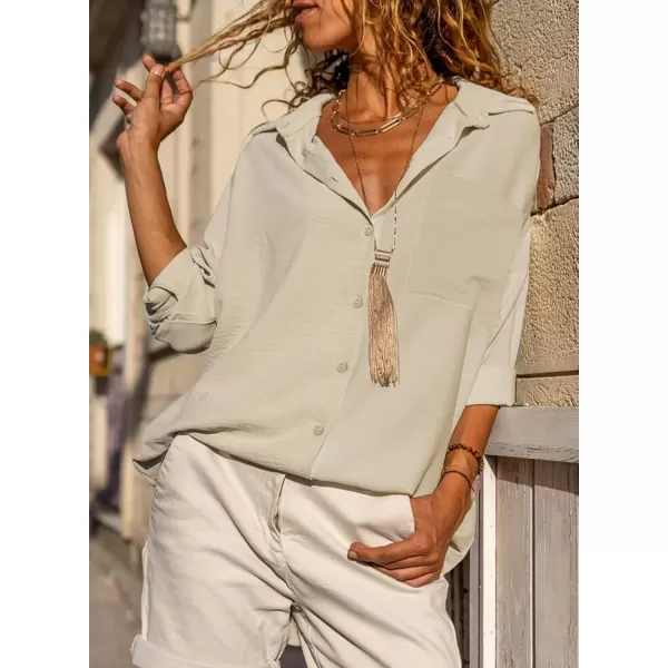 imageAstylish Women Casual V Neck Button Down Silk Shirt Long Sleeve Color Block Blouse Tunic TopsS Beige