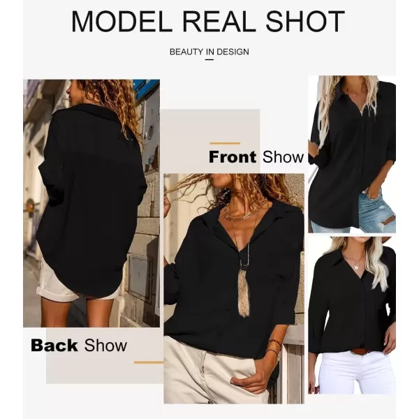 imageAstylish Women Casual V Neck Button Down Silk Shirt Long Sleeve Color Block Blouse Tunic TopsSolid Black