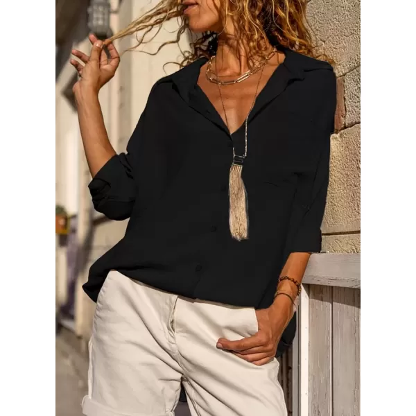 imageAstylish Women Casual V Neck Button Down Silk Shirt Long Sleeve Color Block Blouse Tunic TopsSolid Black
