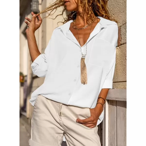 imageAstylish Women Casual V Neck Button Down Silk Shirt Long Sleeve Color Block Blouse Tunic TopsSolid White