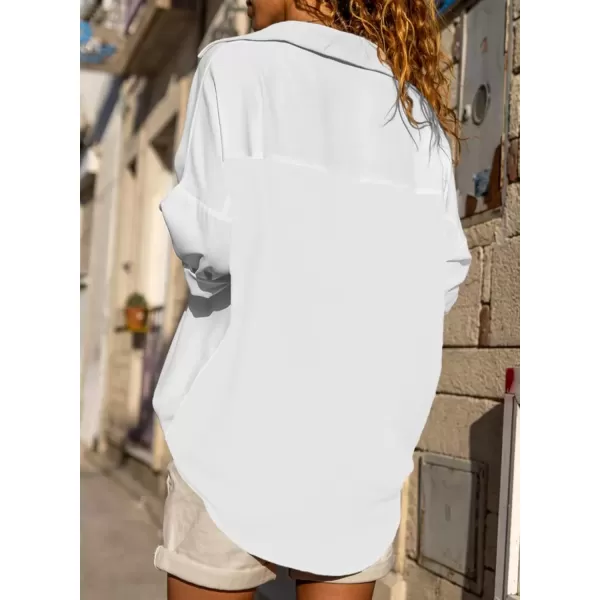 imageAstylish Women Casual V Neck Button Down Silk Shirt Long Sleeve Color Block Blouse Tunic TopsSolid White
