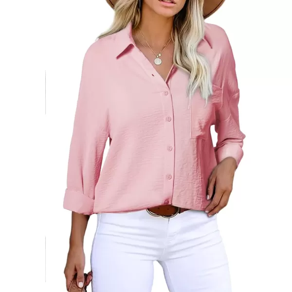 imageAstylish Women Casual V Neck Button Down Silk Shirt Long Sleeve Color Block Blouse Tunic TopsU Rose