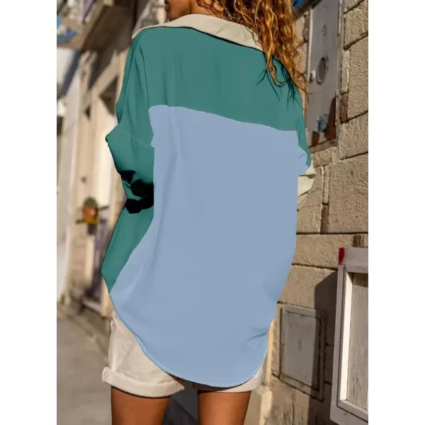 imageAstylish Women Casual V Neck Button Down Silk Shirt Long Sleeve Color Block Blouse Tunic TopsV Green