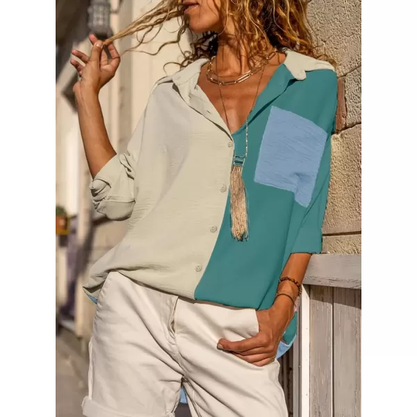 imageAstylish Women Casual V Neck Button Down Silk Shirt Long Sleeve Color Block Blouse Tunic TopsV Green