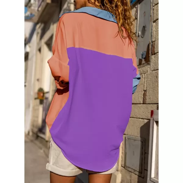 imageAstylish Women Casual V Neck Button Down Silk Shirt Long Sleeve Color Block Blouse Tunic TopsV Multicolour