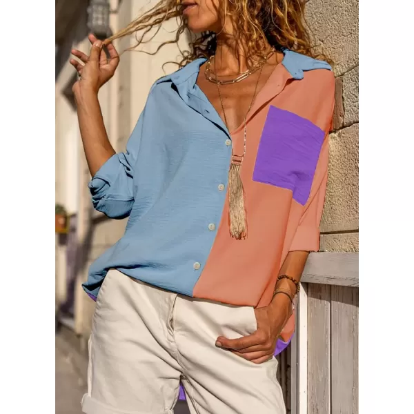 imageAstylish Women Casual V Neck Button Down Silk Shirt Long Sleeve Color Block Blouse Tunic TopsV Multicolour
