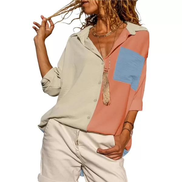 imageAstylish Women Casual V Neck Button Down Silk Shirt Long Sleeve Color Block Blouse Tunic TopsV Pink