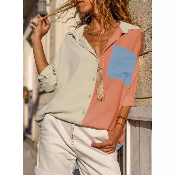 imageAstylish Women Casual V Neck Button Down Silk Shirt Long Sleeve Color Block Blouse Tunic TopsV Pink