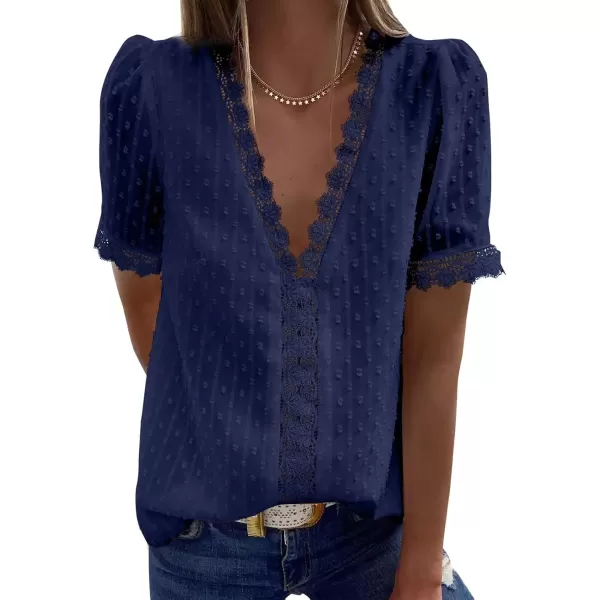 imageAstylish Womens 2023 Lace V Neck Tunic Tank Tops Casual Sleeveless Shirt BlouseU Blue