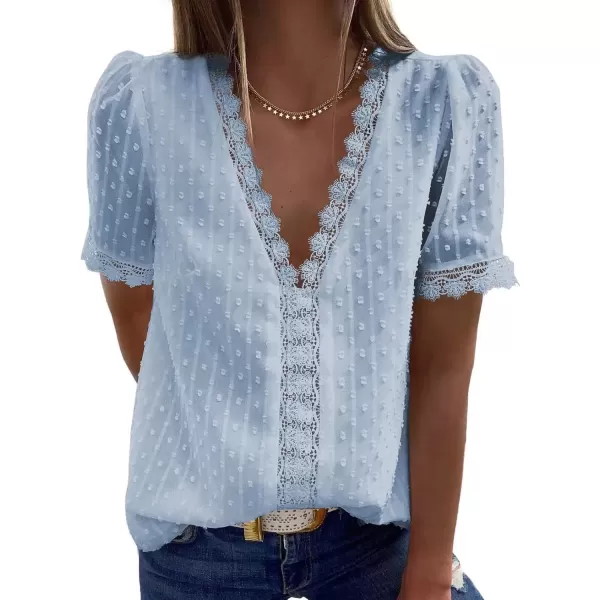 imageAstylish Womens 2023 Lace V Neck Tunic Tank Tops Casual Sleeveless Shirt BlouseU Sky Blue