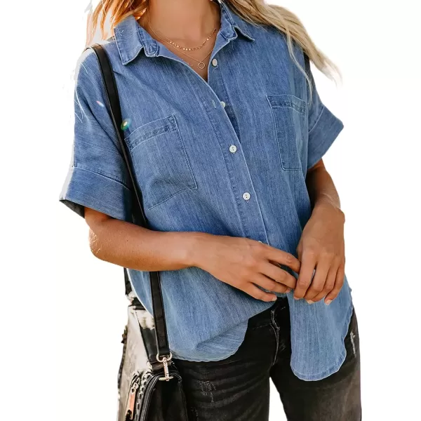 imageAstylish Womens Button Down Shirts V Neck Loose Casual ShirtA Sky Blue