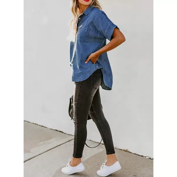 imageAstylish Womens Button Down Shirts V Neck Loose Casual ShirtBlue