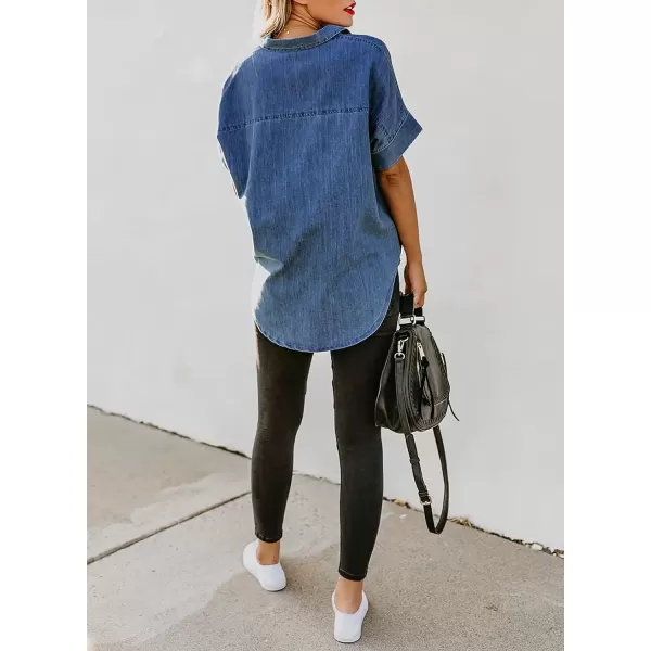 imageAstylish Womens Button Down Shirts V Neck Loose Casual ShirtBlue