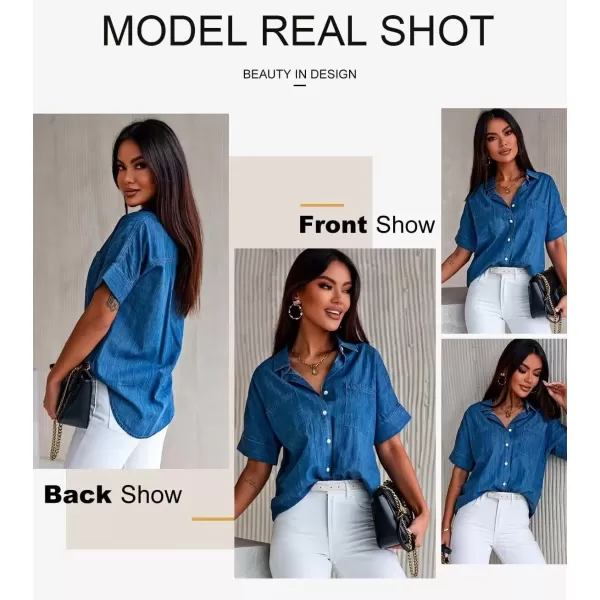 imageAstylish Womens Button Down Shirts V Neck Loose Casual ShirtBlue