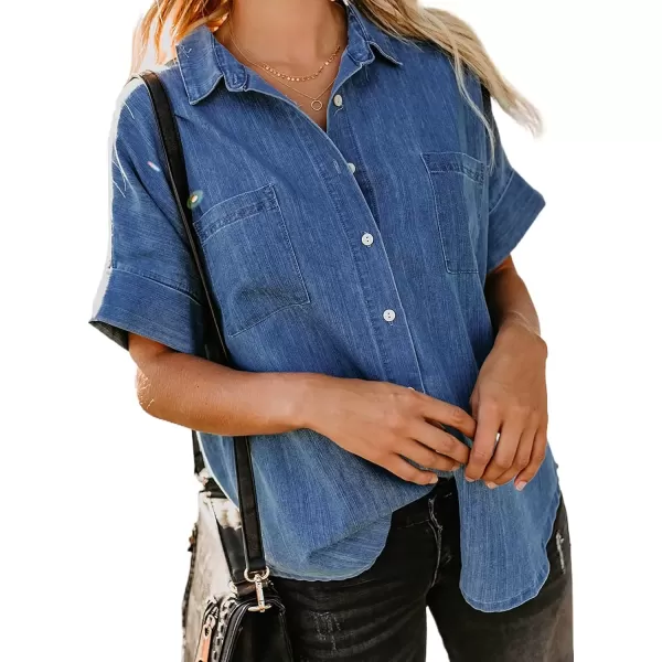 imageAstylish Womens Button Down Shirts V Neck Loose Casual ShirtBlue