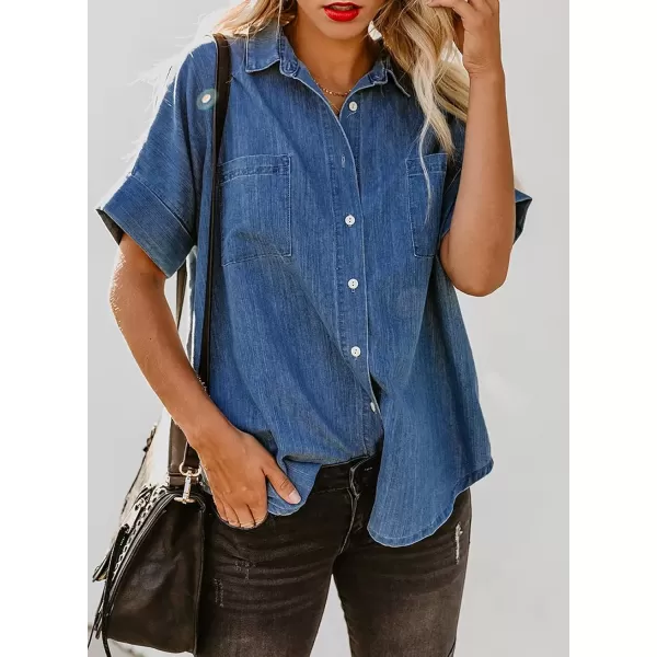 imageAstylish Womens Button Down Shirts V Neck Loose Casual ShirtBlue