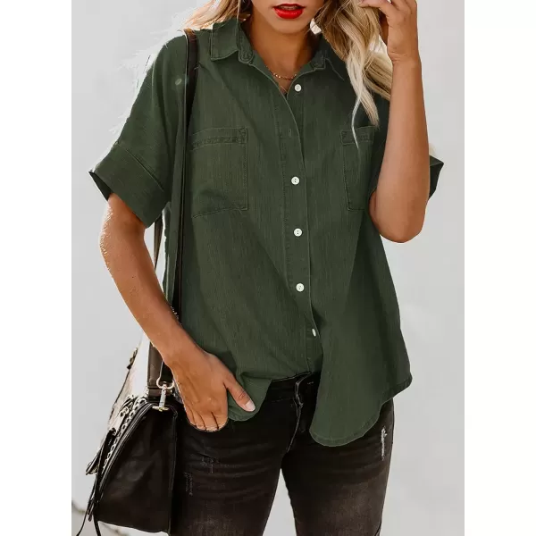 imageAstylish Womens Button Down Shirts V Neck Loose Casual ShirtGreen