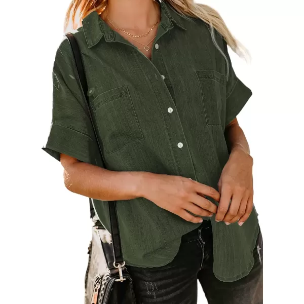 imageAstylish Womens Button Down Shirts V Neck Loose Casual ShirtGreen